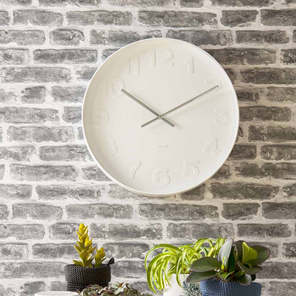 Karlsson Mr White Wall Clock Large hanging on a brick wall at House