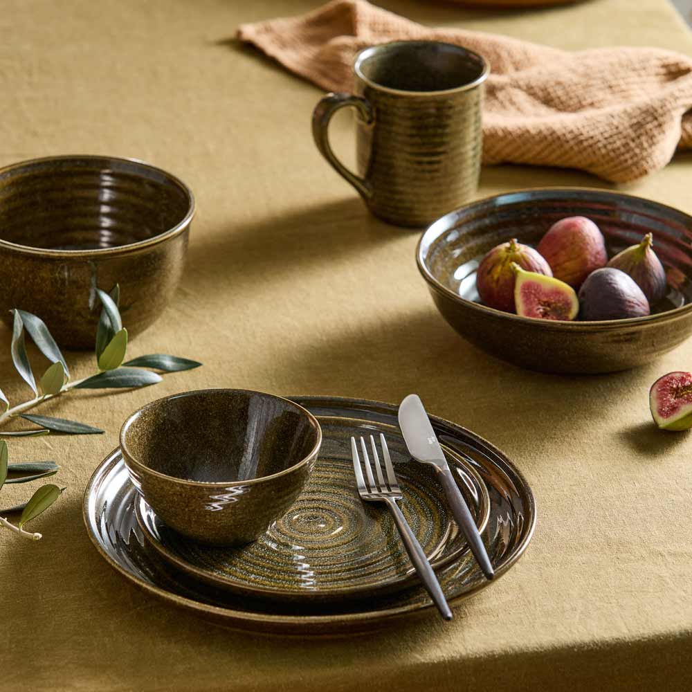 rustic ribbed moody stoneware forest green plates, bowls and mug - House