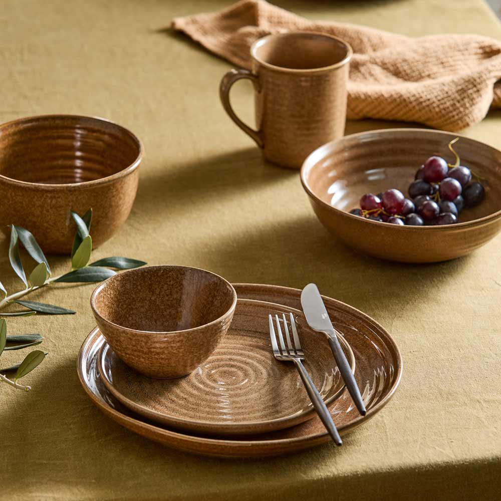 rustic ribbed moody stoneware sand beige plates, bowls and mug - House
