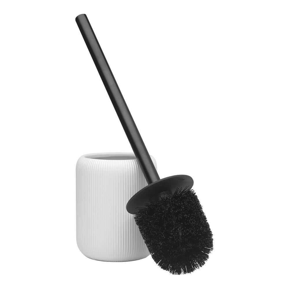 white ribbed toilet brush holder with black toilet brush - House
