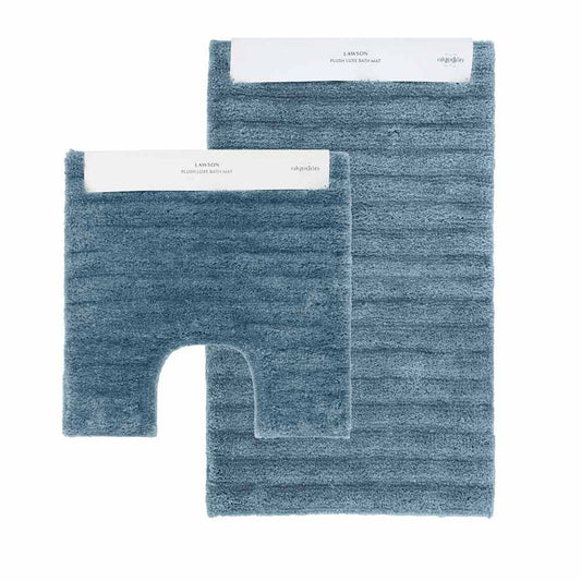 Algodon Lawson Plush Bath Mat 2 Piece Set in Denim blue including bath mat and contour mat set at House