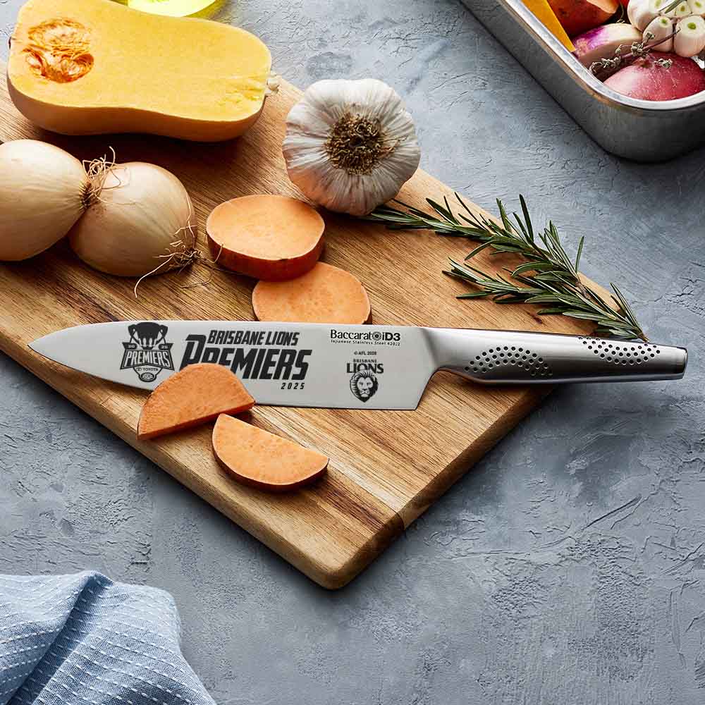 AFL Premiers 2025 Brisbane Lions chef knife on chopping board