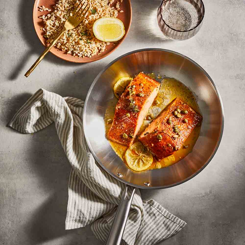 Baccarat Gourmet Stainless Steel Frypan 26cm with lemon and caper salmon fillets at House