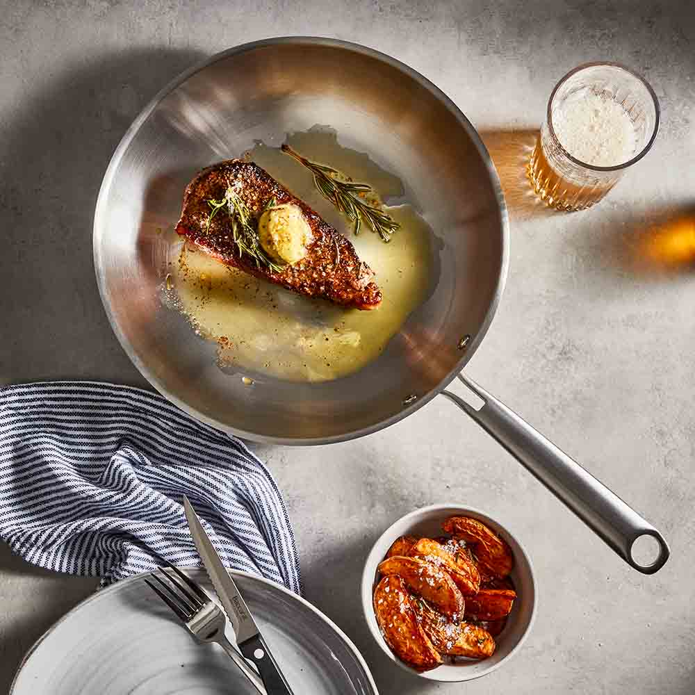 Baccarat Gourmet Stainless Steel Frypan 28cm with crispy skin fish fillet at House