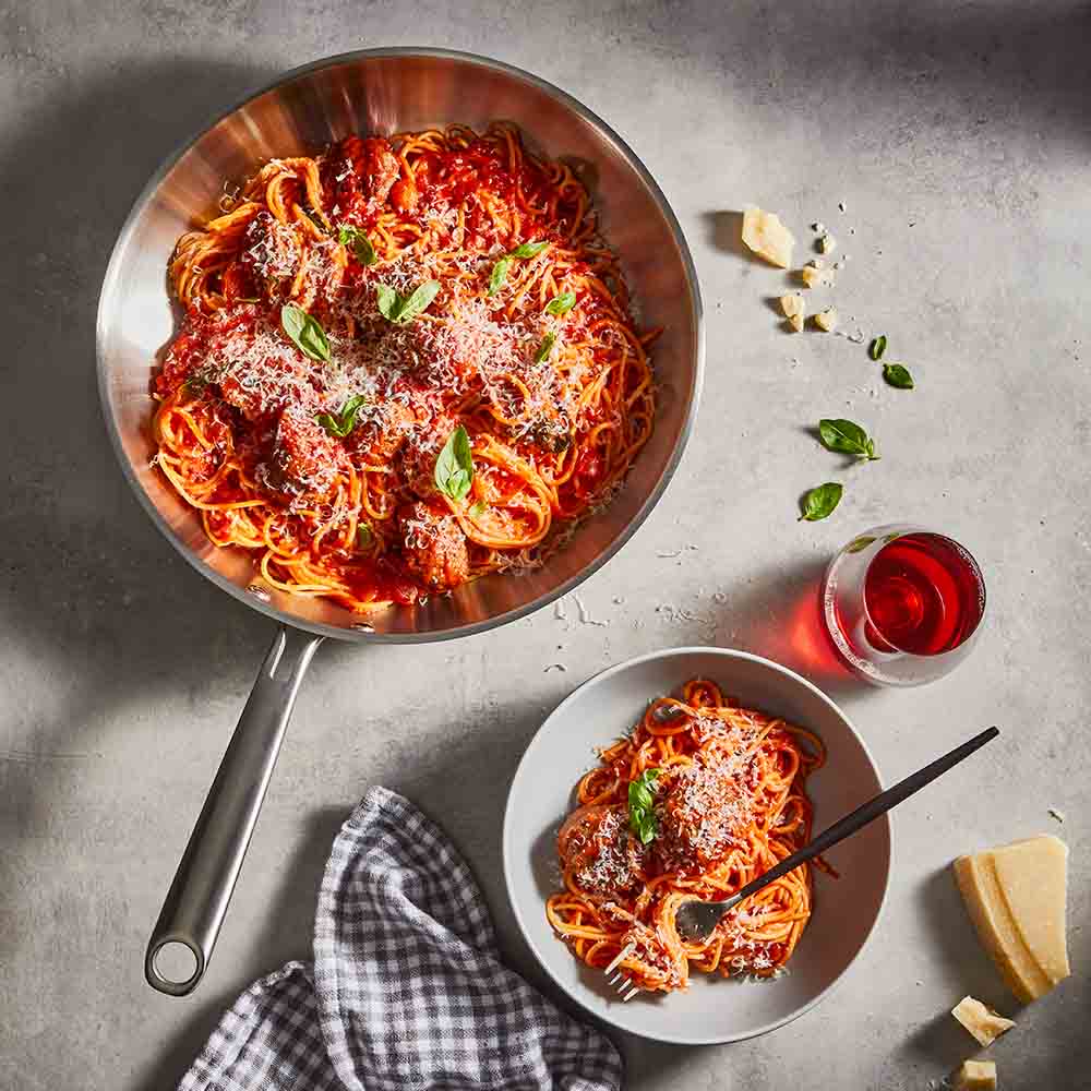 Baccarat Gourmet Stainless Steel Frypan 30cm with spaghetti bolognaise at House