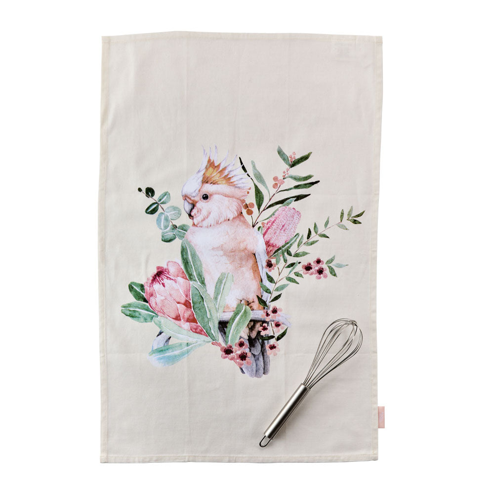 Alex Liddy Posy Tea Towel With Whisk Set Cream teatowel with pink cockatoo at House
