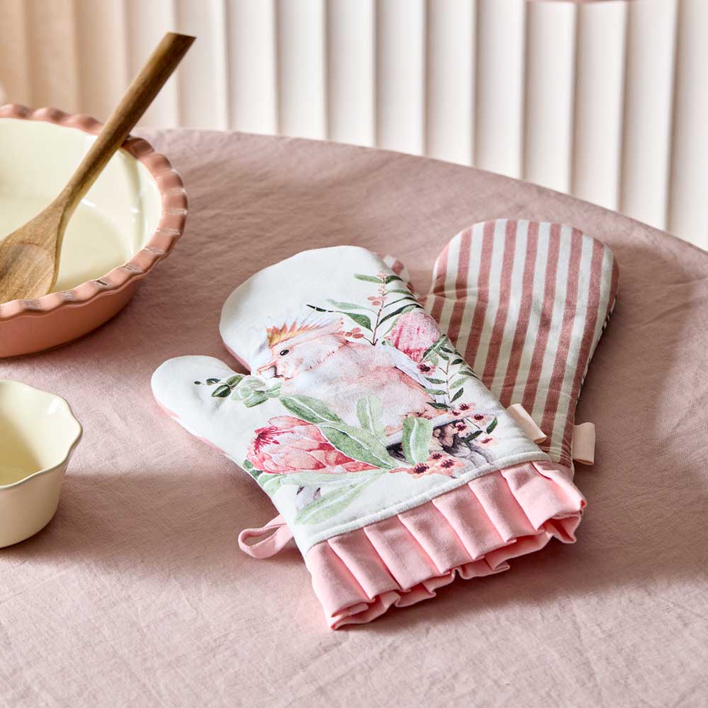 Alex Liddy Posy Set of 2 Oven Gloves striped and pink cockatoo design with ruffle hem at House