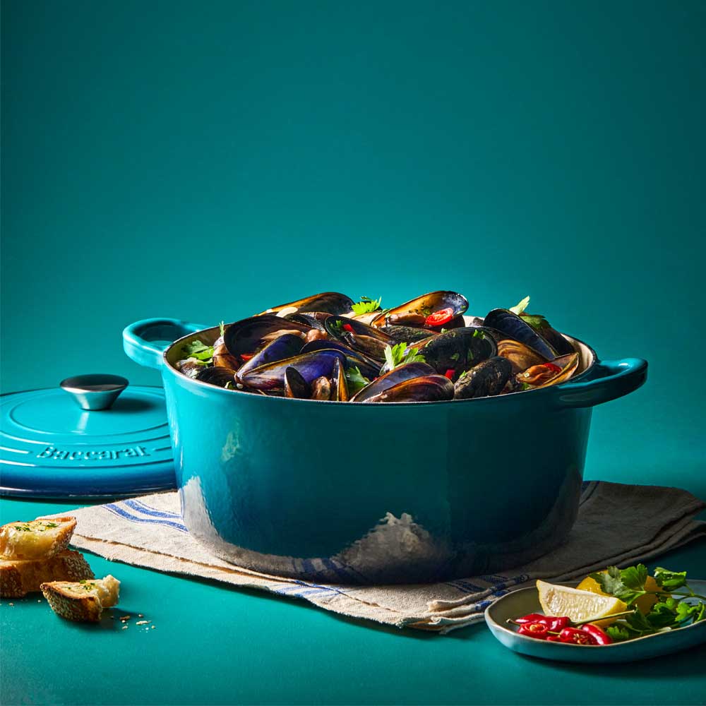 cast iron blue dutch oven with mussels - House