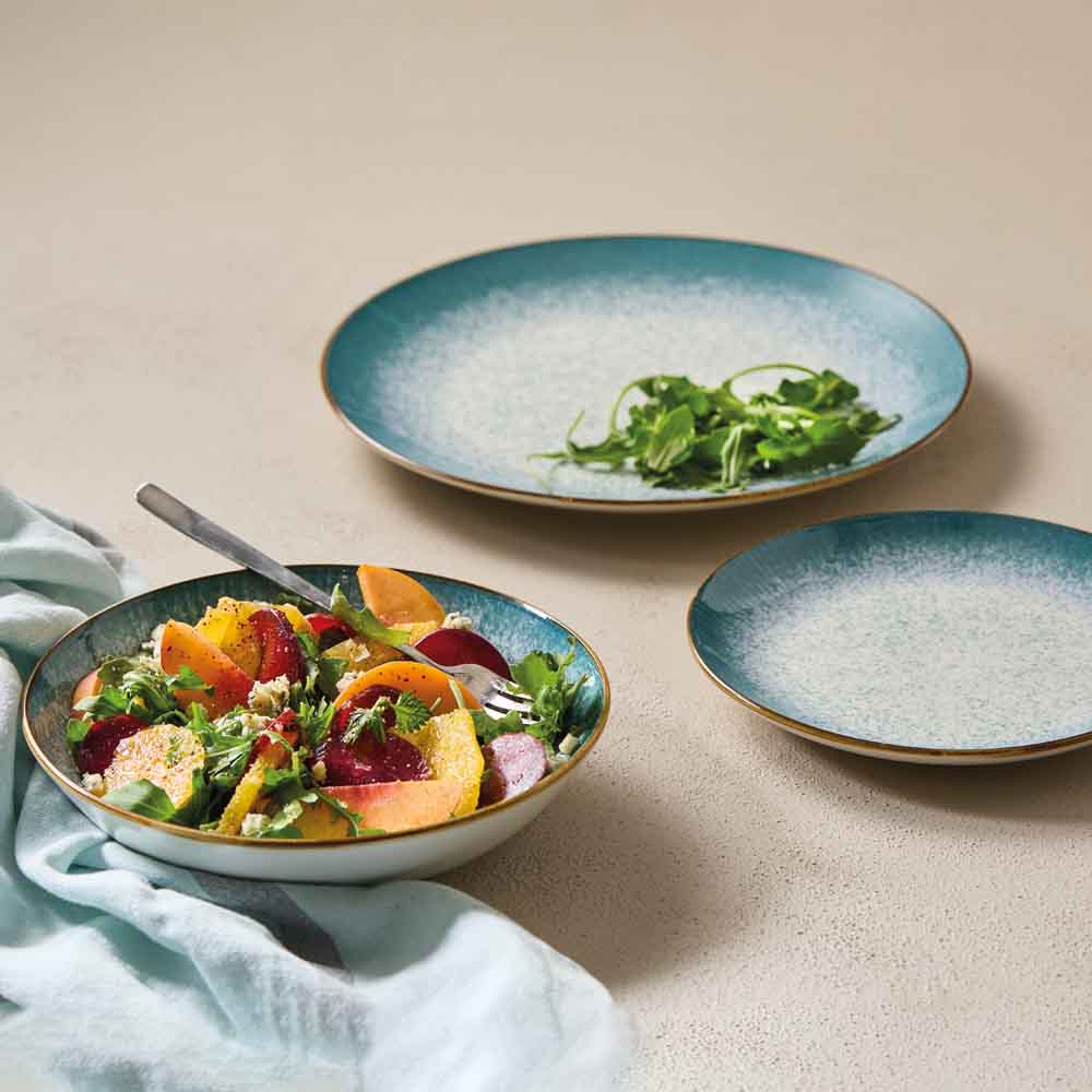 blue stone look dinnerware with salad