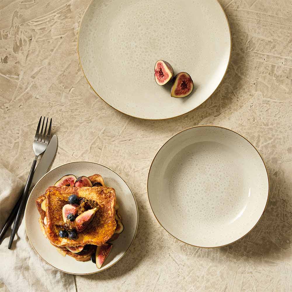 cream stoneware dinner set with french toast and figs