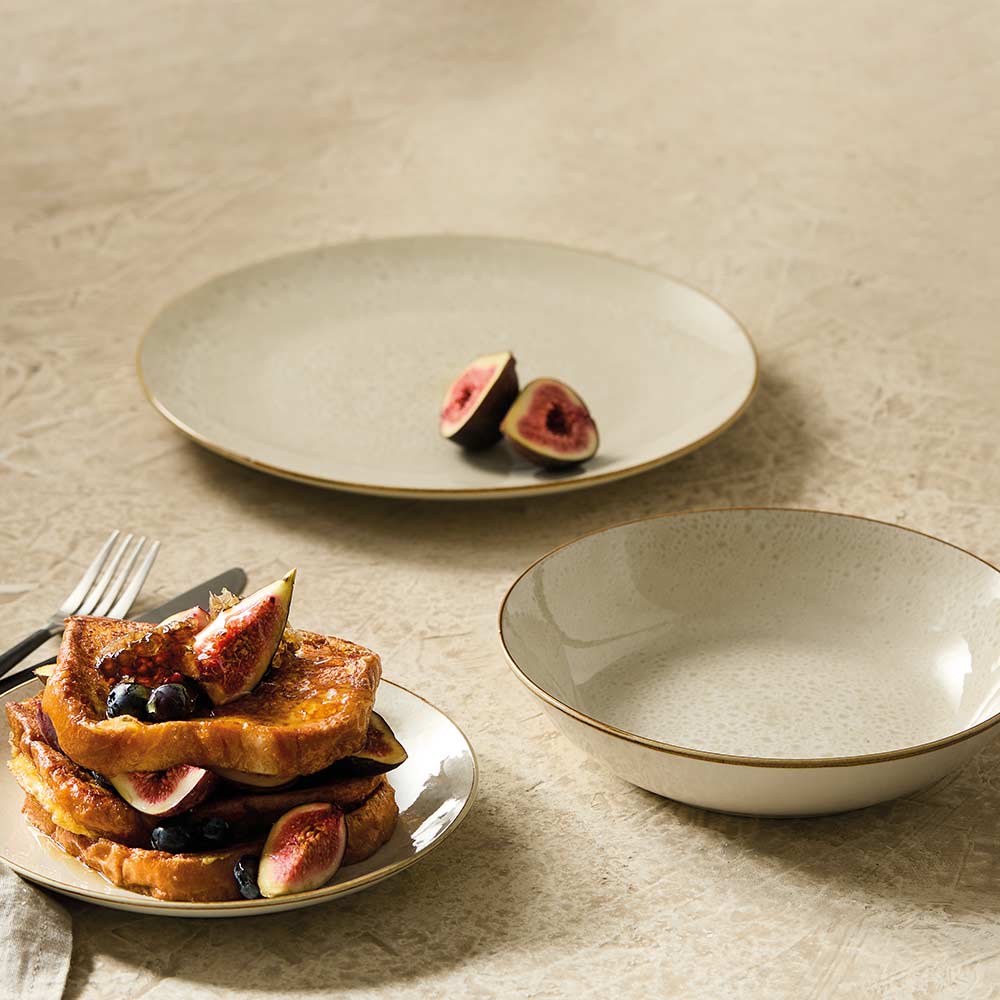 cream stoneware dinner set with french toast and figs