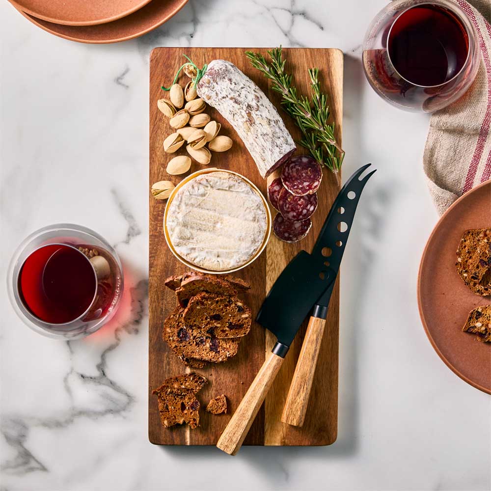 wood Serving Board with 2 Black Cheese Knives and charcuterie - House