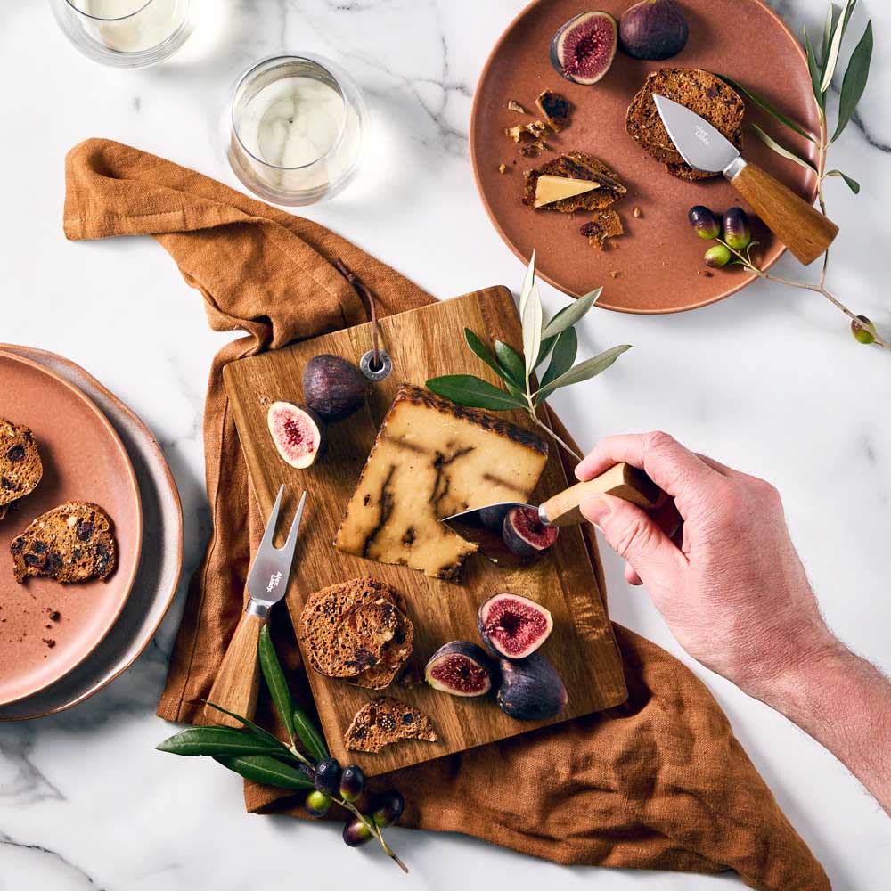 Acacia Serving Board with 3 Cheese Knives and charcuterie - House