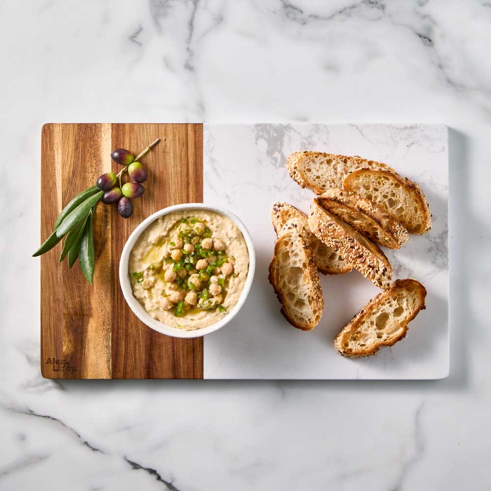 40cm Acacia and Marble Serving Board with bread and dip - House