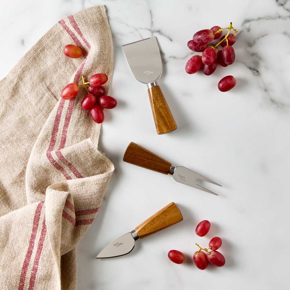 Set of 3 Acacia and Silver Cheese Knives - House