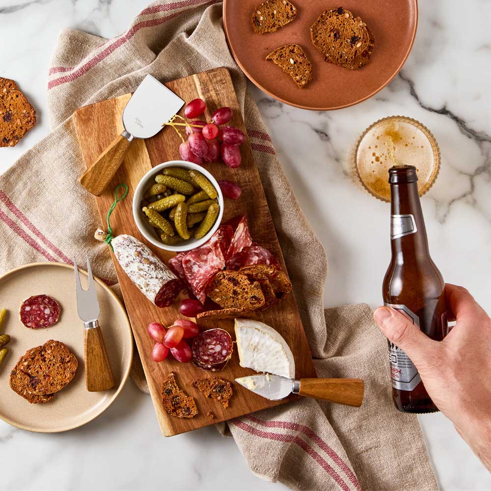 Set of 3 Acacia and Silver Cheese Knives on wood board - House