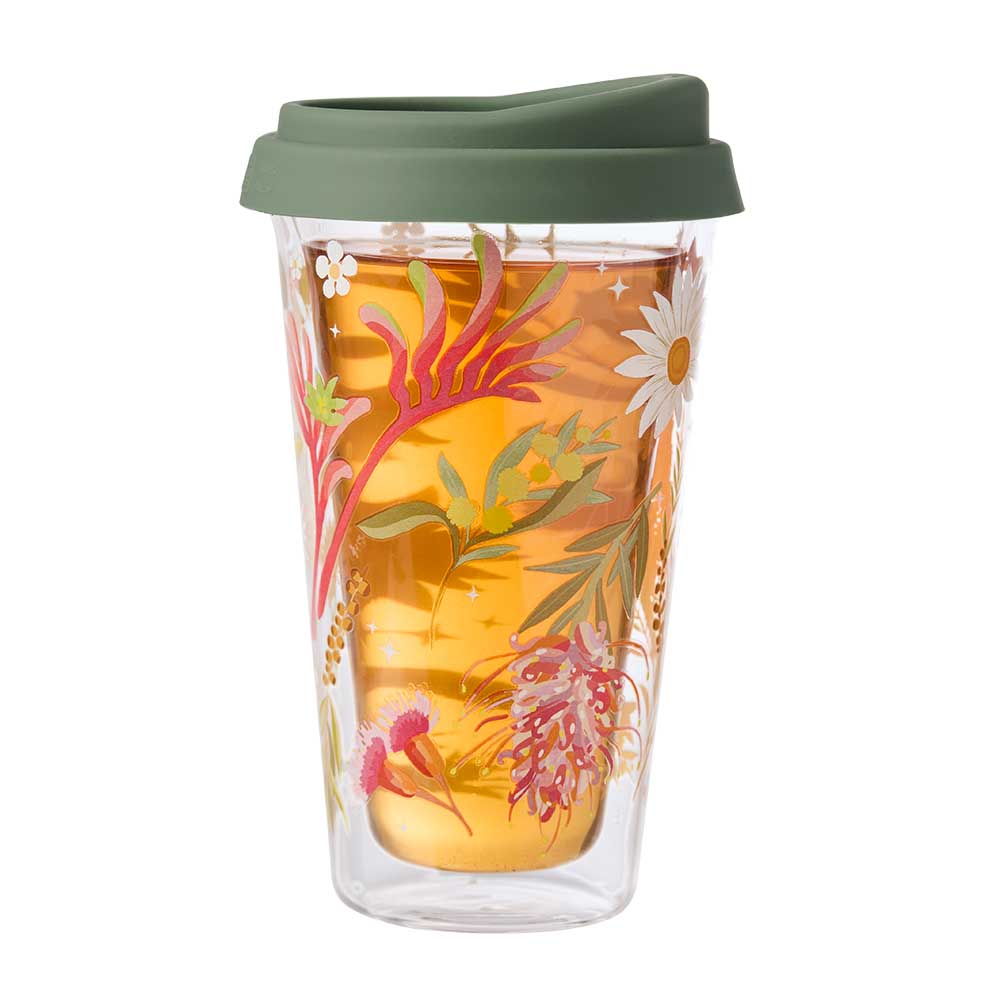 Double Walled Glass Travel Mug filled with tea - House