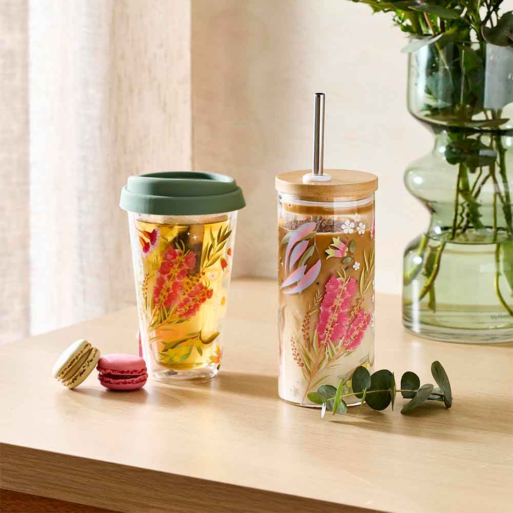 glass smoothie cup with Australian flora design