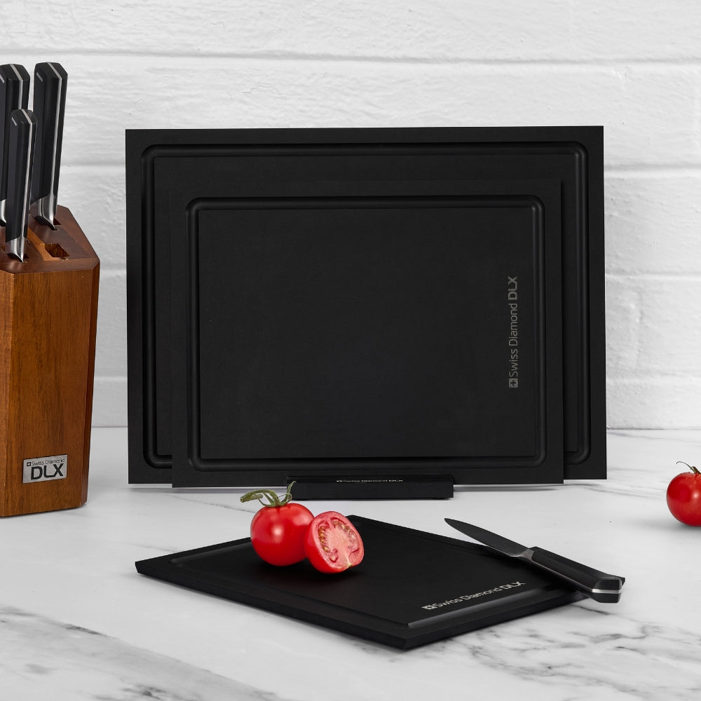 Swiss Diamond Premium Set Of 3 Wood Fibre Cutting Boards With Stand