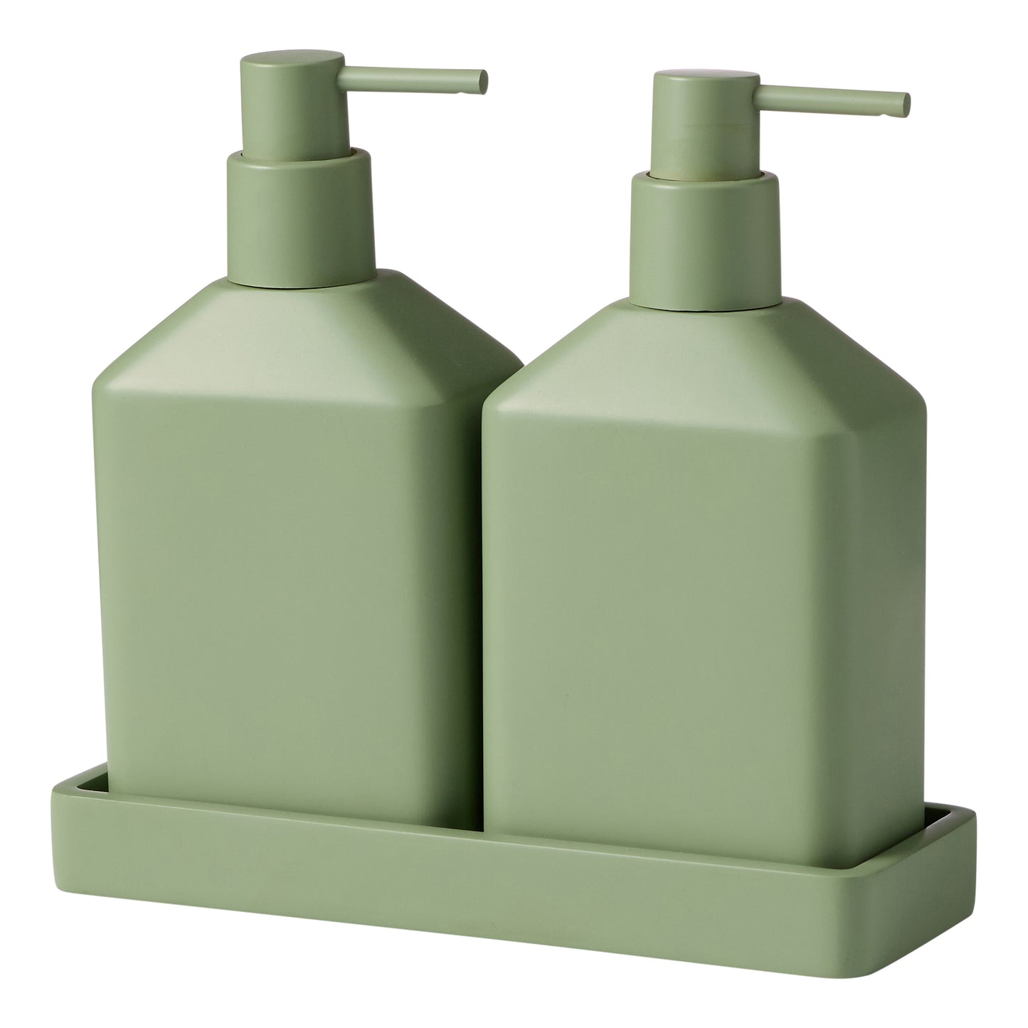 The Porto Astoria sage double dispenser soap set displayed on the matching tray.