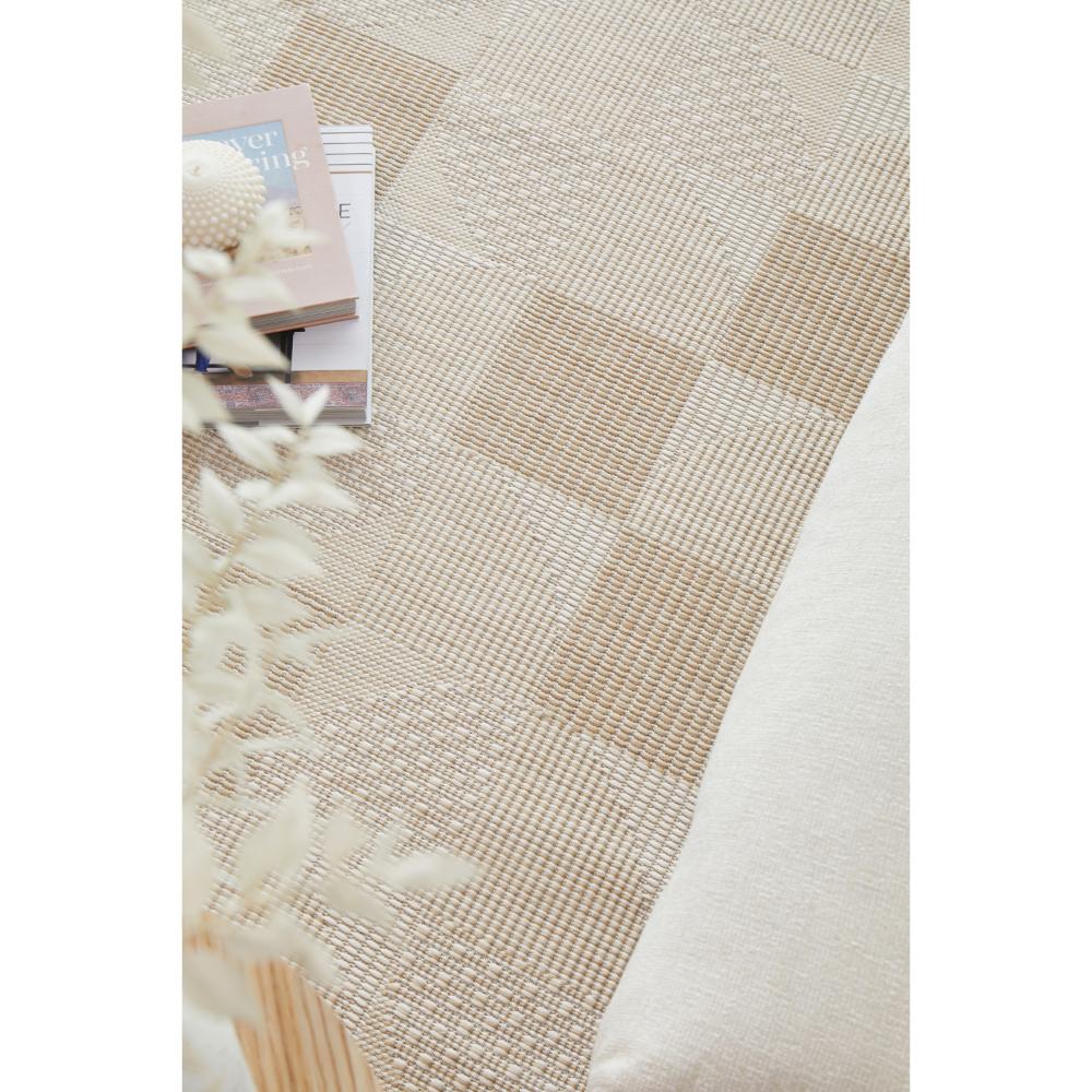 Natural Brown Beige curve check indoor outdoor rug with stack of books - House