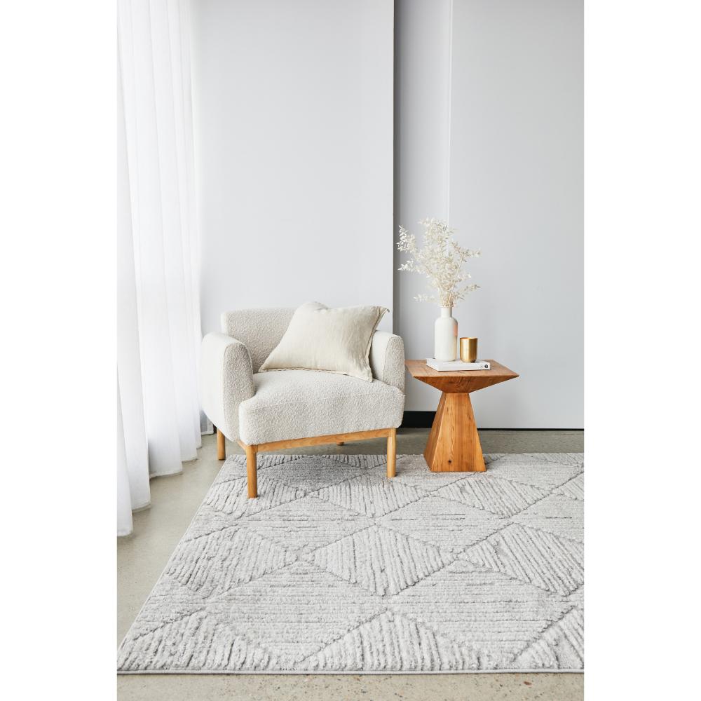 Rug Culture Serenade Shilo Rug Silver with cream chair and side table at House