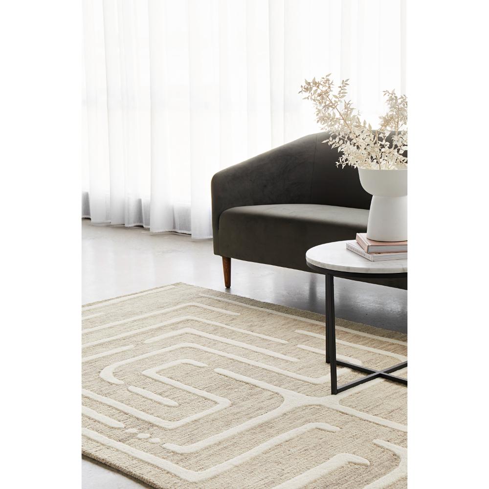 Rug Culture Summit Maze Wool Rug in Linen in loungeroom at House
