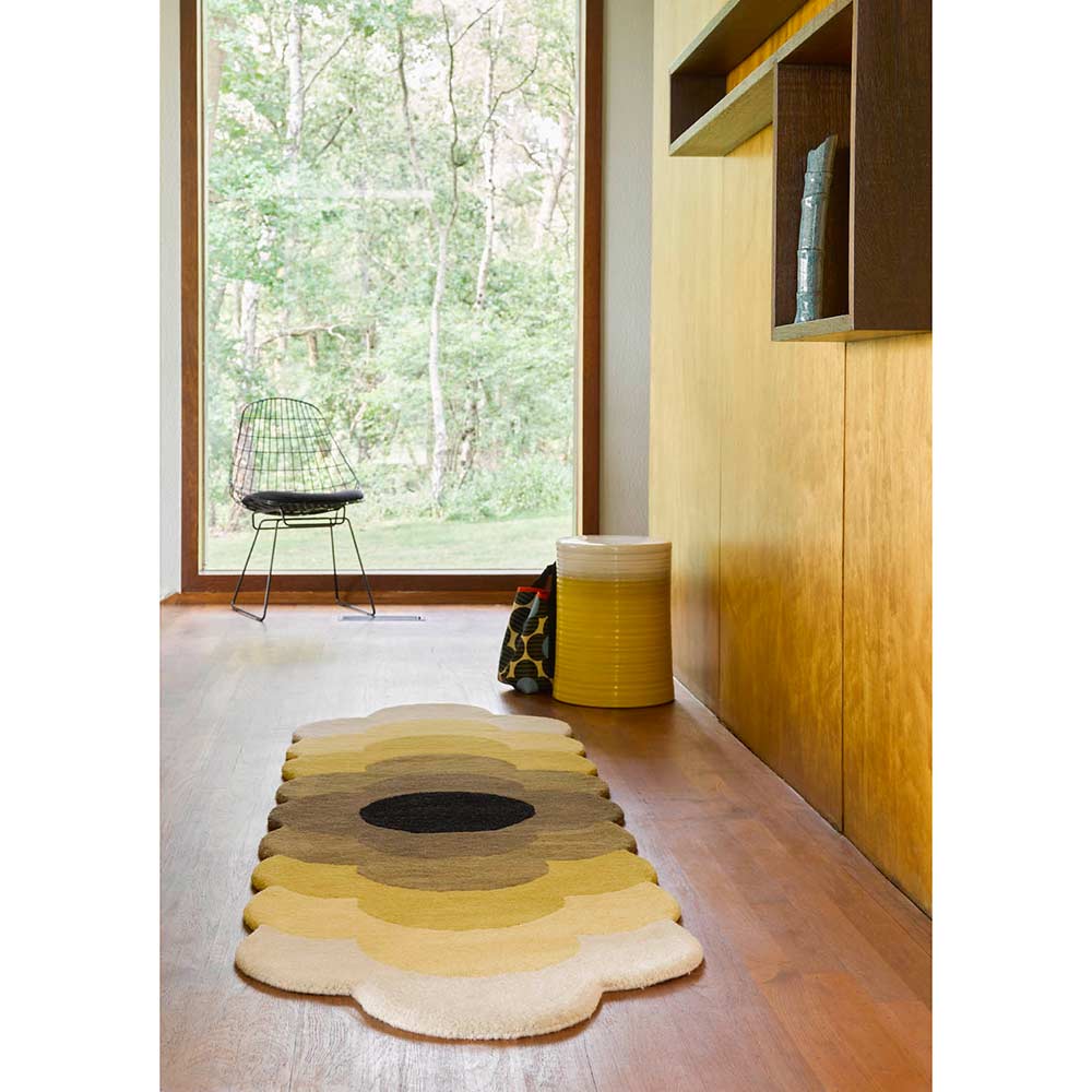 yellow flower wool runner in mid century hallway - House