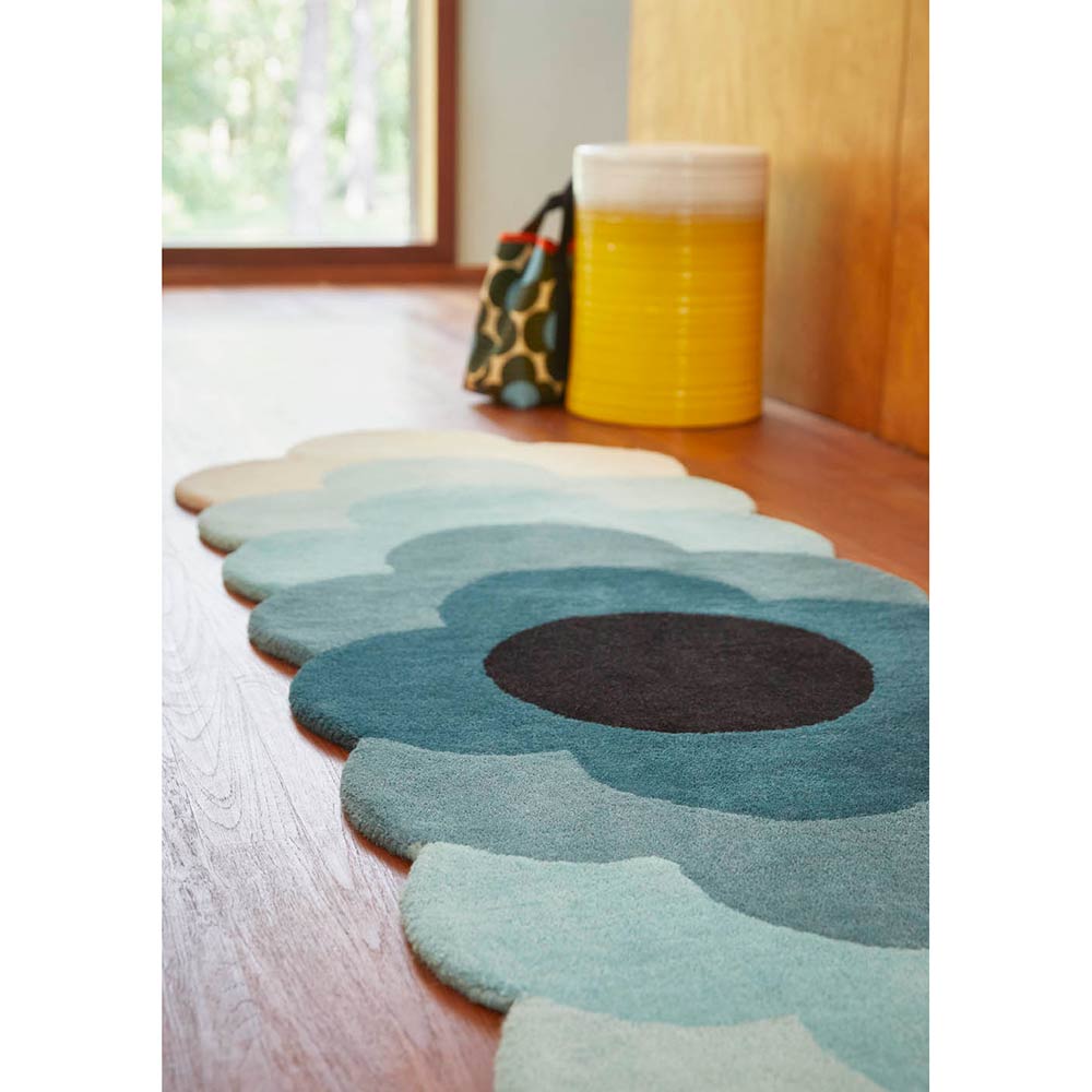 blue flower wool runner in mid century hallway - House