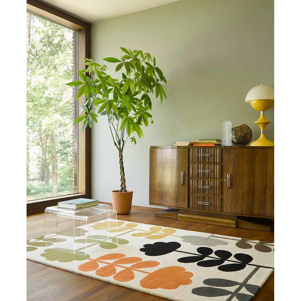 Multicolour flower wool rug in green room with big window - House