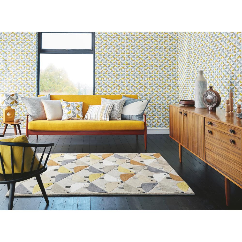 yellow and grey geo bird print wool rug in loungeroom - House