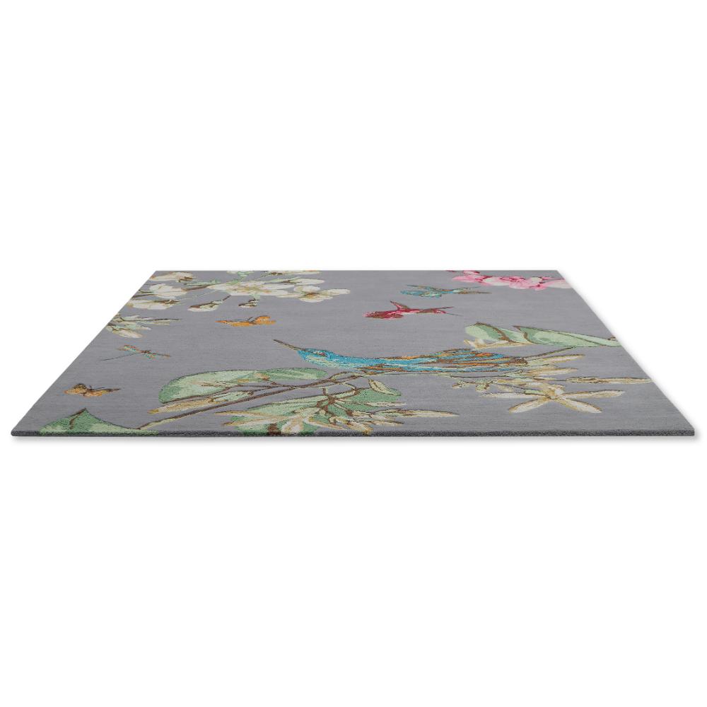 Hummingbird and floral grey wool rug angled image - House