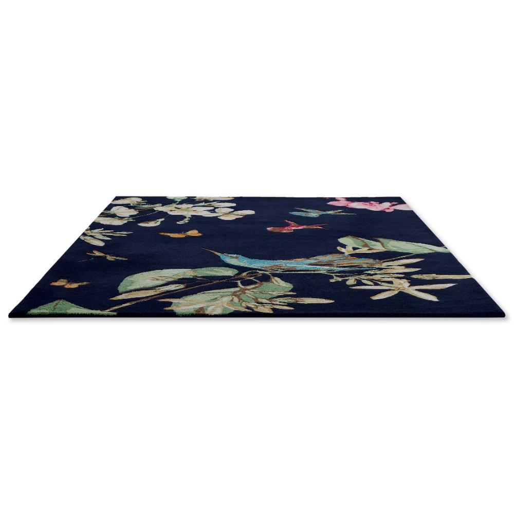 Hummingbird and floral blue wool rug detailed image - House