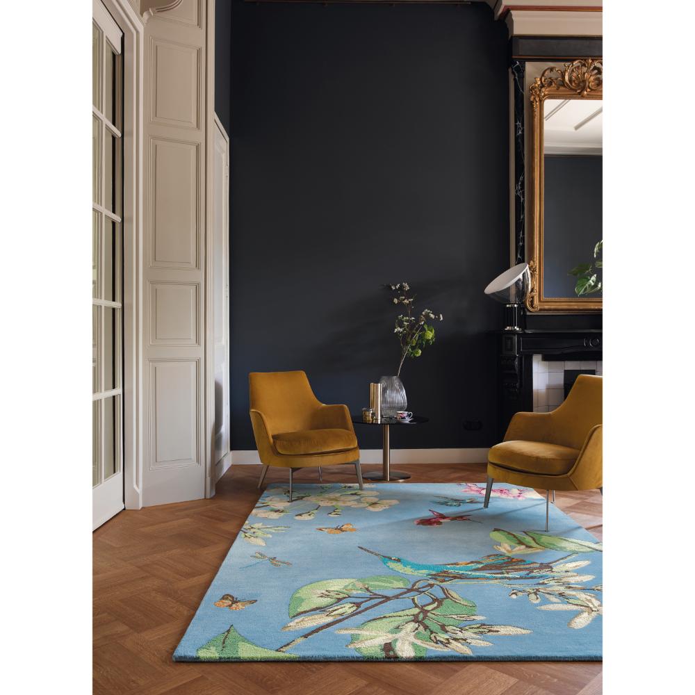 Hummingbird and floral blue wool rug in loungeroom - House