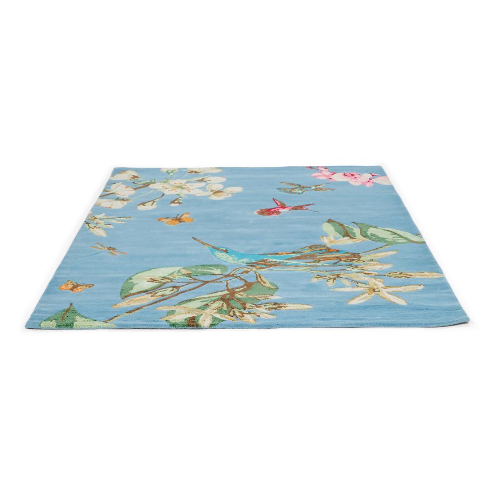Hummingbird and floral blue wool rug detailed image - House