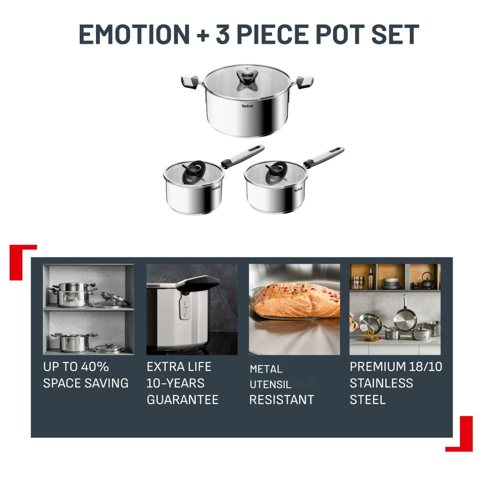 Tefal Emotion+ Induction Stainless Steel Uncoated 3 Piece Pot Set