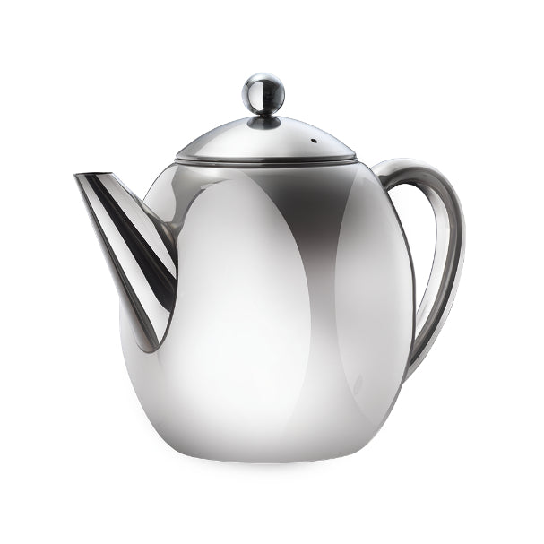 Stainless Steel tea pot with a sturdy handle and controlled spout for easy pouring.