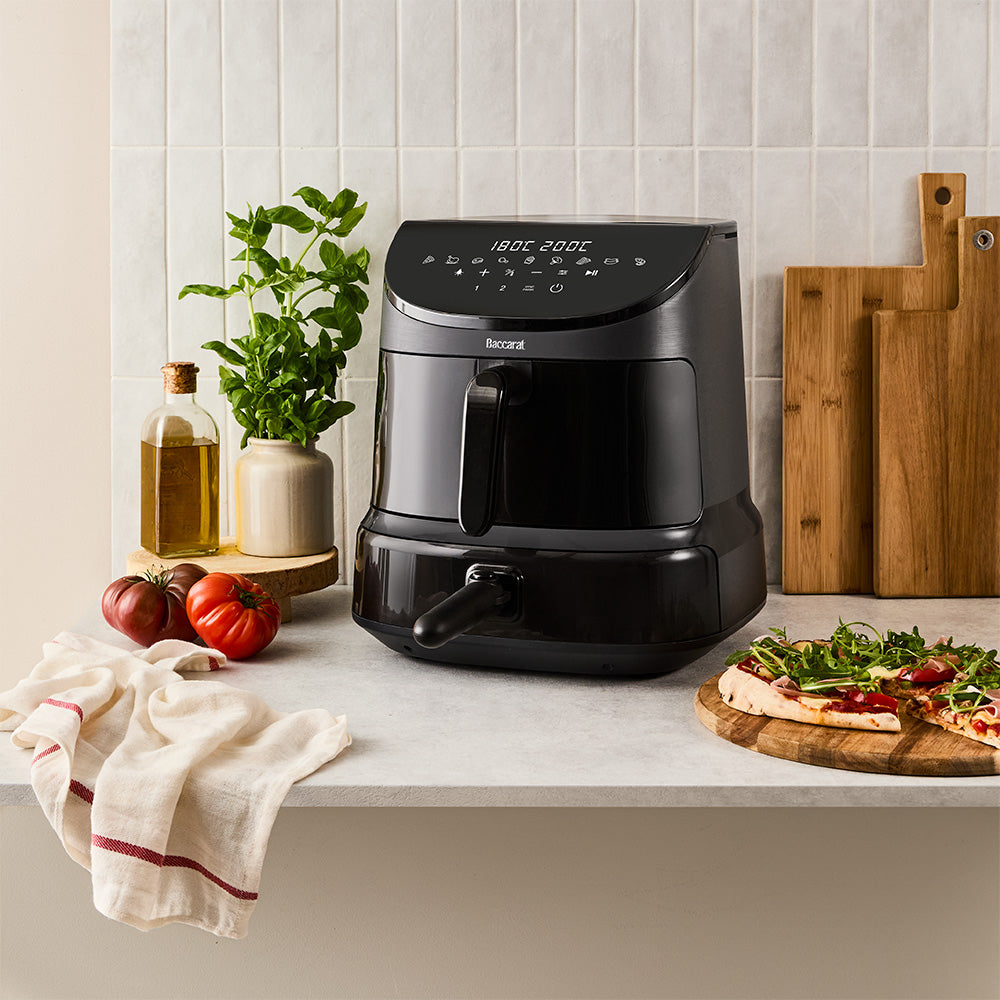 The Baccarat Air Fryer and Pizza Oven has a matte black finish making it easy to display in your kitchen. The pizza tray handle folds in for easier storage.