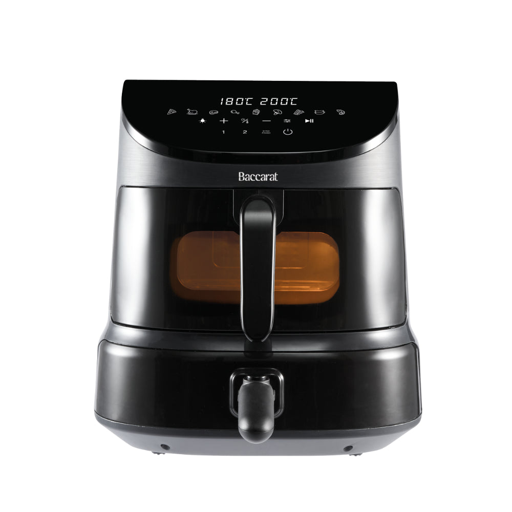 The Baccarat Air Fryer and Pizza Cooker features a digital touch control panel to select your cooking function. The top basket has an 8L capacity and is for air frying your food. The bottom basket is the pizza oven for 12" pizza or bread cooking.