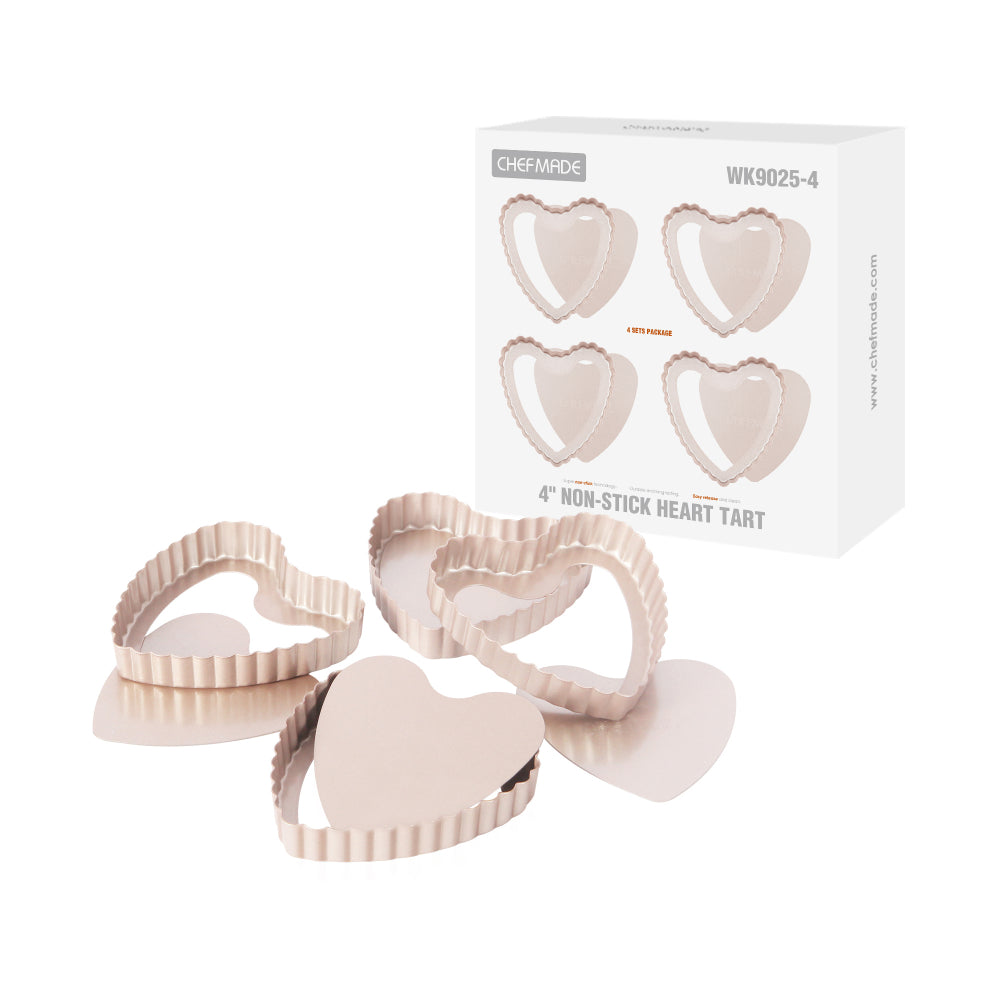 Chefmade Set of 4 Mini Loose Base Heart Tart Pans
