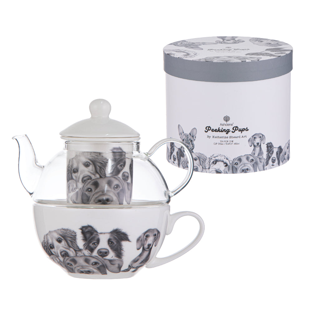Ashdene Peeking Pups Glass Top Tea For One