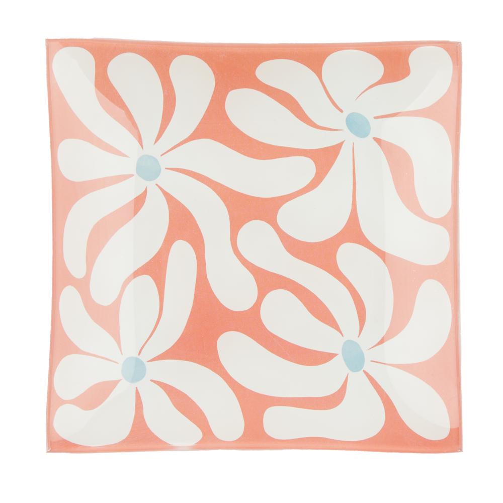 Emporium Lulu Glass Square Flower Plate - orange plate with white flowers - House