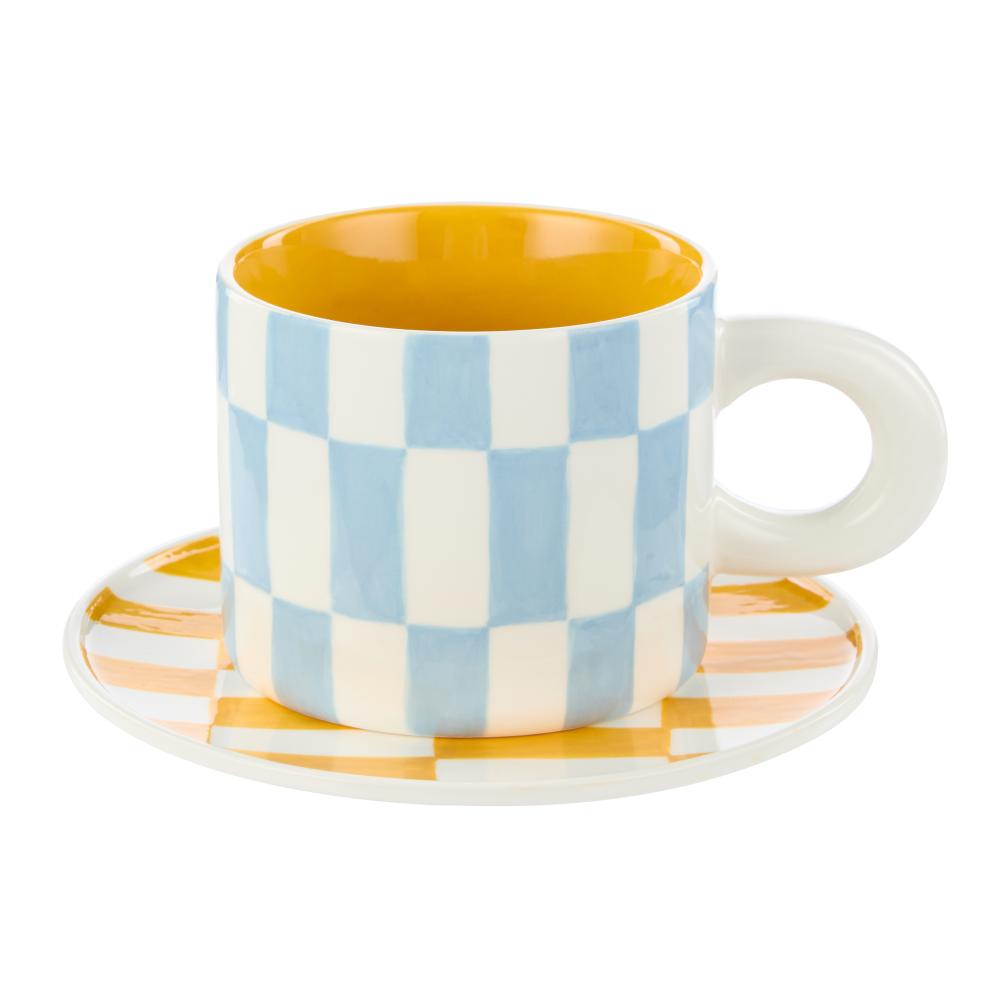 Emporium Check Mug & Plate Set Blue and Yellow at House