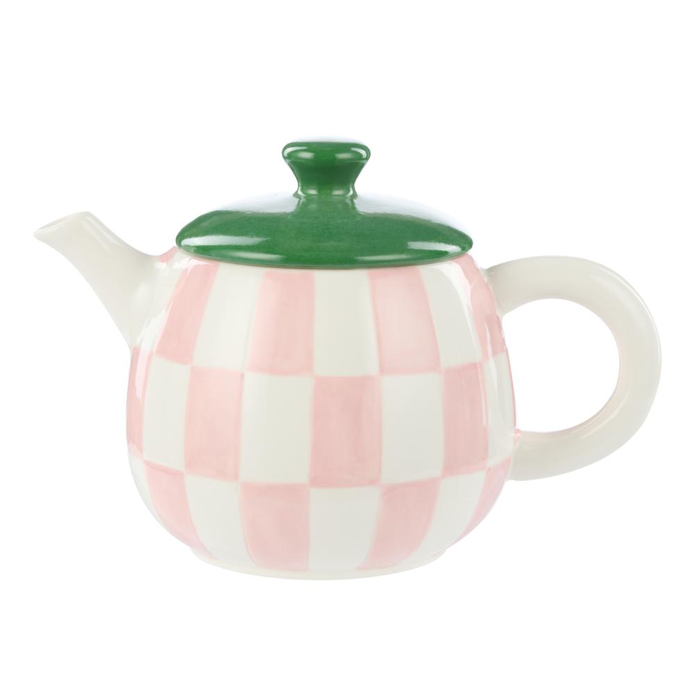 Emporium Check Teapot pink with green lid at House