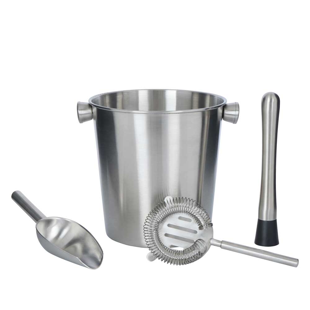Davis & Waddell Brooklyn Stainless Steel Ice Bucket & 3 Piece Barware Set