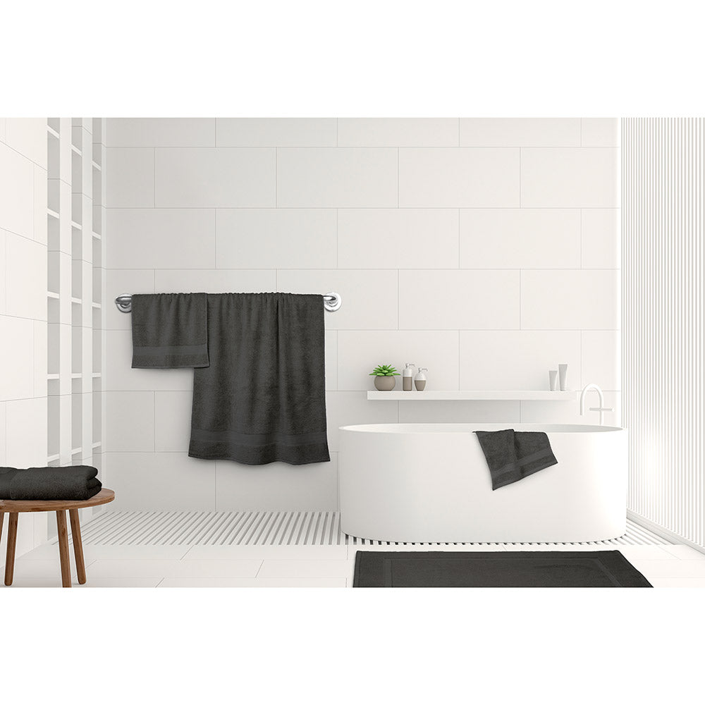Algodon St Regis Bath Towels  Charcoal grey at House. Bath towel, bath sheet, bath mat, hand towel and facewasher displayed in a bathroom