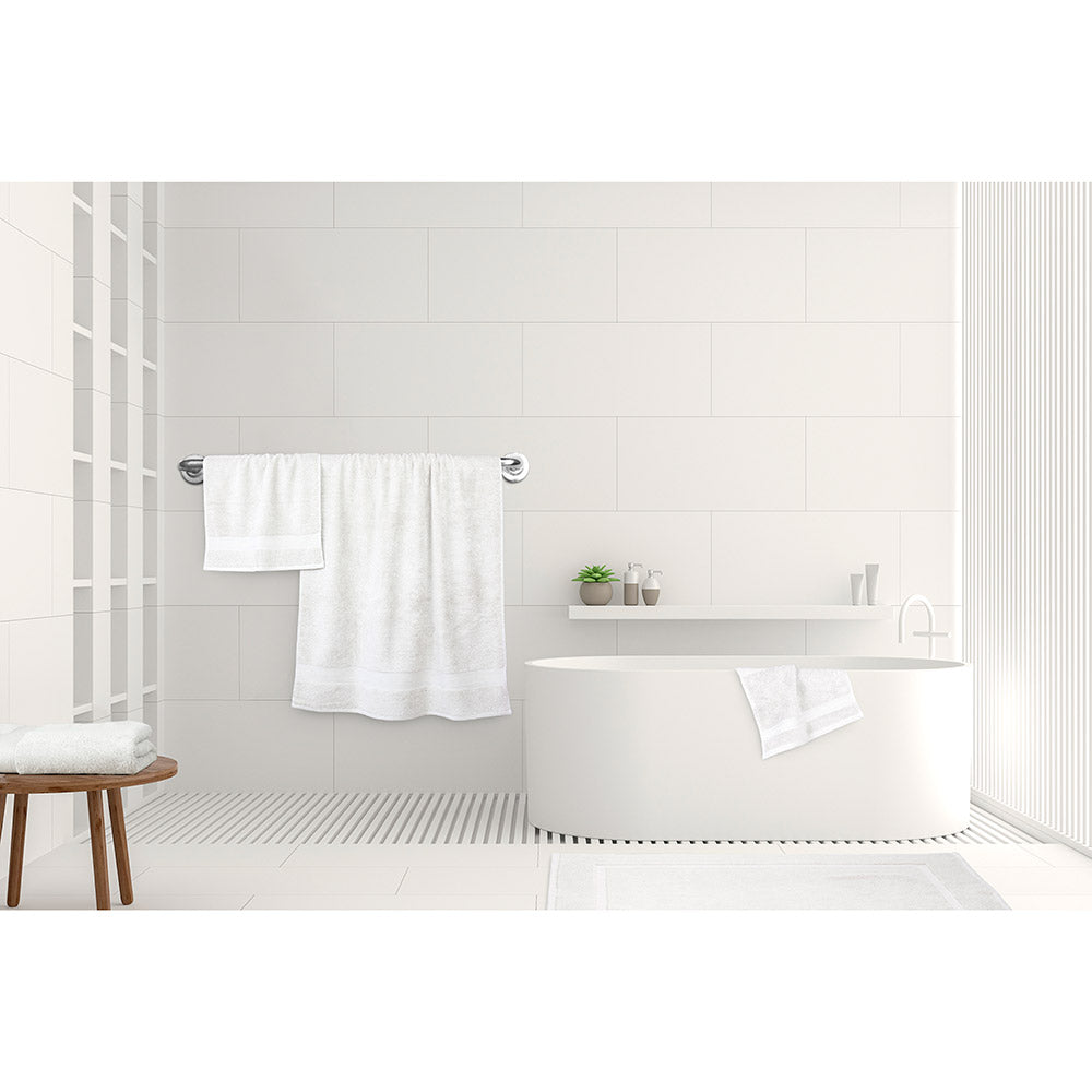 Algodon St Regis Bath Towels White at House. Bath towel, bath sheet, bath mat, hand towel and facewasher displayed in a bathroom