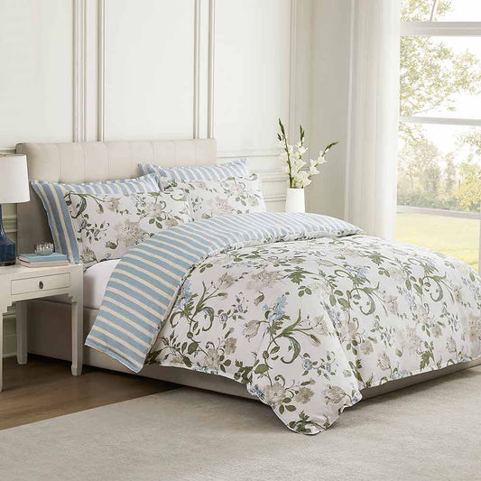 Laura Ashley Rosalind Seaspray Quilt Cover Set floral and stripe quilt cover at House