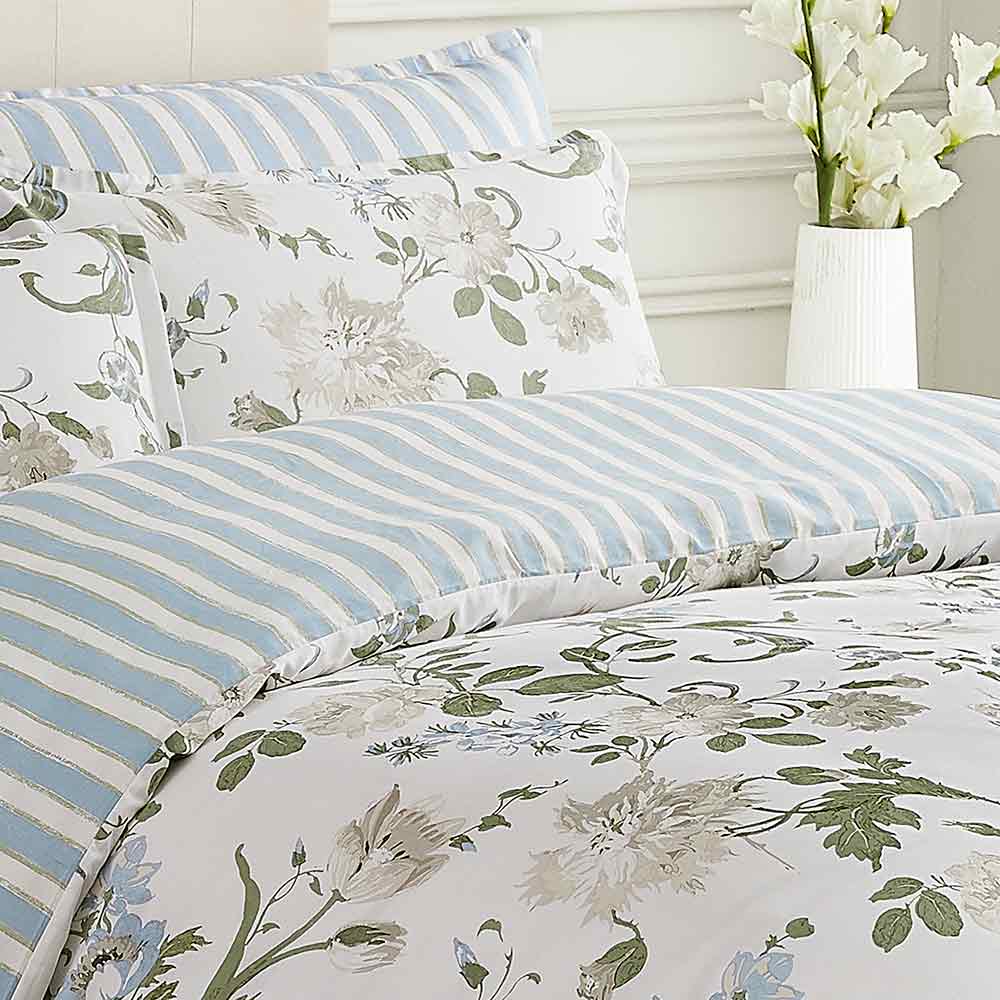 Laura Ashley Rosalind Seaspray Quilt Cover Set floral and stripe quilt cover at House