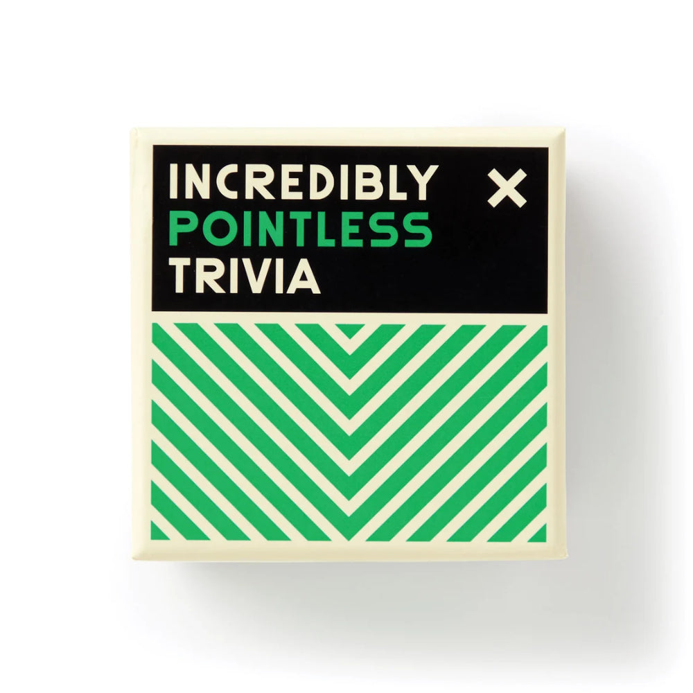 Trivia box designed with green and white stripes with the title incredibly pointless trivia.